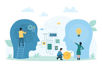 Psychology, recovery mental disorder problem vector illustration. Cartoon tiny people unravel tangled thread and puzzle chaos inside human head, support and untangle wire to light bulb in brain