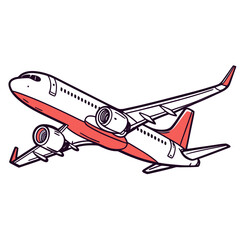 Stylized illustration of a modern commercial airplane with coral accents taking off against a white background