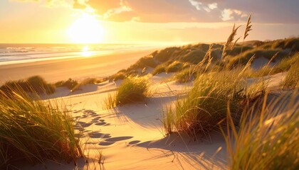 Golden hour illuminates a serene beach scene, featuring dunes, grass, and a tranquil ocean.