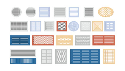 Ventilation shutters set vector illustration. Cartoon isolated metal and plastic lattice hole, domestic vent covers of different shapes and types with louver and grate for home kitchen and bathroom