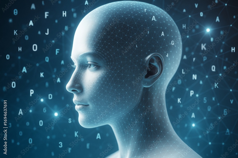 Poster futuristic digital human head with mesh grid and floating letters on abstract science background in 