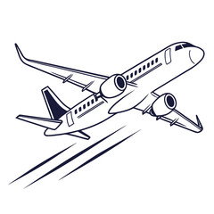 Stylized outline drawing of a modern jet airplane ascending into the sky with speed lines below