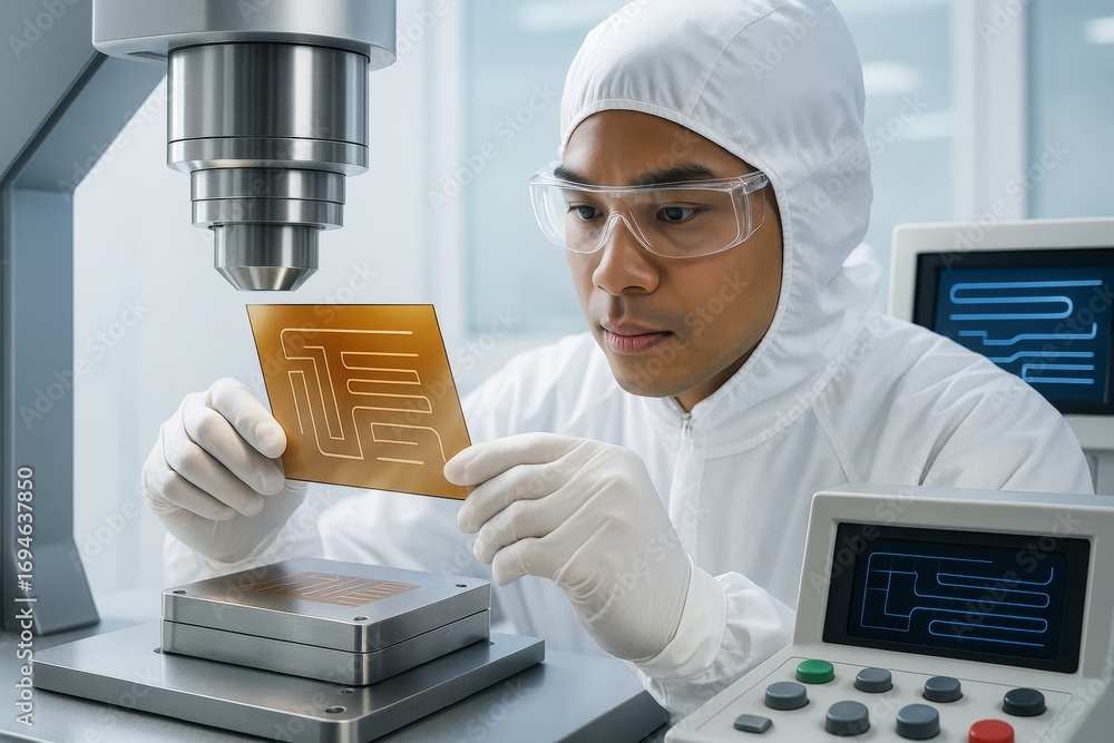 Poster scientist in cleanroom suit inspects microchip under microscope in high-tech laboratory with futuris