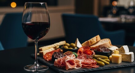 Wine and charcuterie glass of red wine with cured meats and cheeses