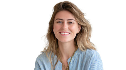 Radiant Portrait: A close-up headshot of a young, beautiful woman exudes natural charm, with her sun-kissed blonde hair and a genuine, warm smile showcasing confidence and approachability. 