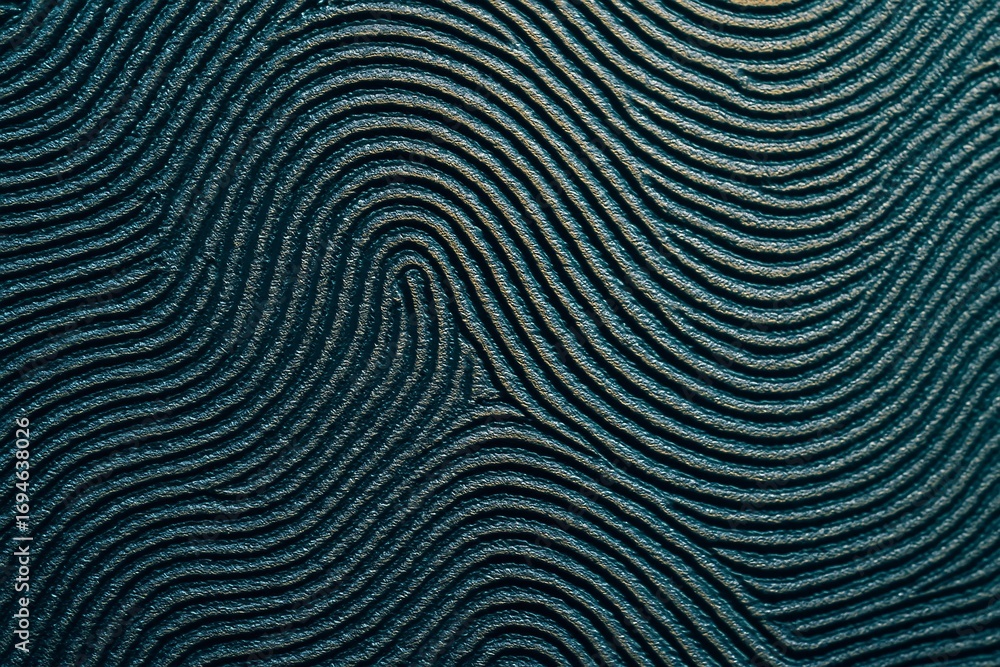 Poster close-up of abstract fingerprint pattern with textured surface and light highlights on dark backgrou