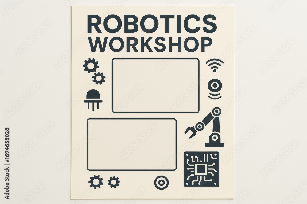 Poster robotics workshop poster with abstract icons of gears, robotic arm, microchip, and sensor elements o