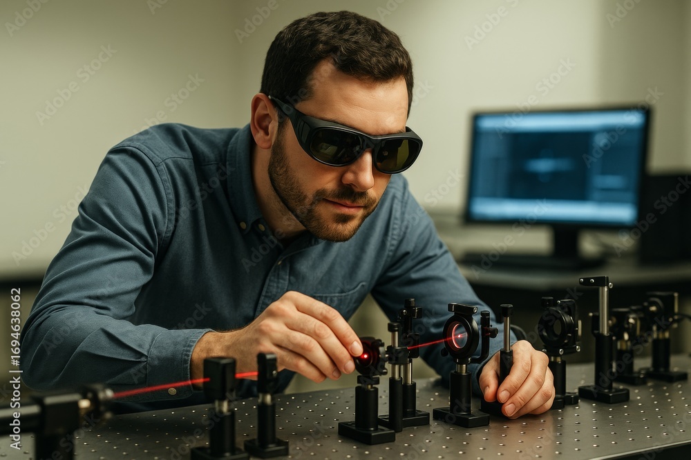 Poster scientist adjusting laser optics in laboratory with high-tech equipment and computer in background, 