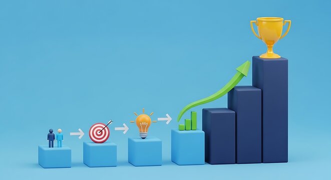 Cartoon character climbing steps towards golden trophy symbolizing success and achievement