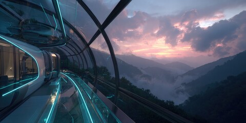 Futuristic train traveling through mountain landscape