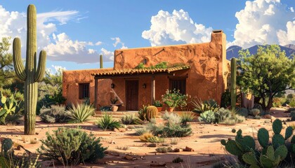 Obraz premium A sun-drenched home nestled amidst desert landscapes, showcasing vibrant cacti and lush desert plants under a partly cloudy sky.