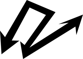 Monochrome graphic icon depicting two interconnected arrows pointing in opposite directions, symbolizing market volatility, fluctuation, and strategic direction