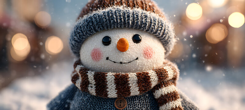 Winter holiday christmas background banner - Closeupof cute funny laughing snoman with wool hat and scar, on snowy snow snowscape ith bokeh lights, illuminaed by the sun&nbsp;