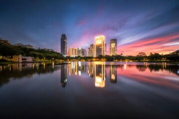 Naklejka premium Huizhou Jiangbei CBD skyline with illuminated skyscrapers reflecting in lake at dramatic colorful sunset, China urban landmark cityscape