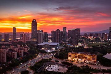 Obraz premium Huizhou Jiangbei CBD Skyline at Sunset, Modern Urban District Architecture, China