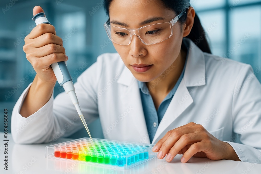 Poster female scientist working with colorful liquid samples using pipette in laboratory setting with blue 