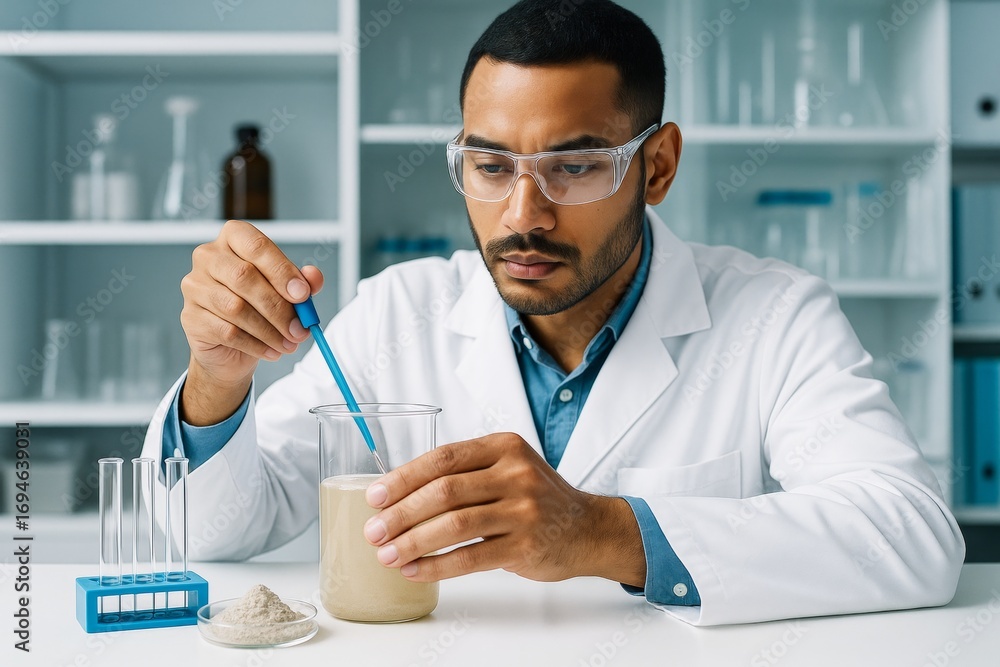 Poster focused scientist in lab coat using pipette for experiment with powder and liquid in beaker on clean