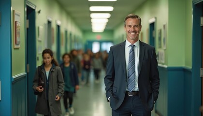 Middle-aged male school director in suit smiles confidently in school hallway, surrounded by students. Atmosphere is vibrant and educational. Director shows leadership and professionalism.