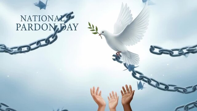 Dove soars towards freedom on national pardon day with chains breaking and hands reaching