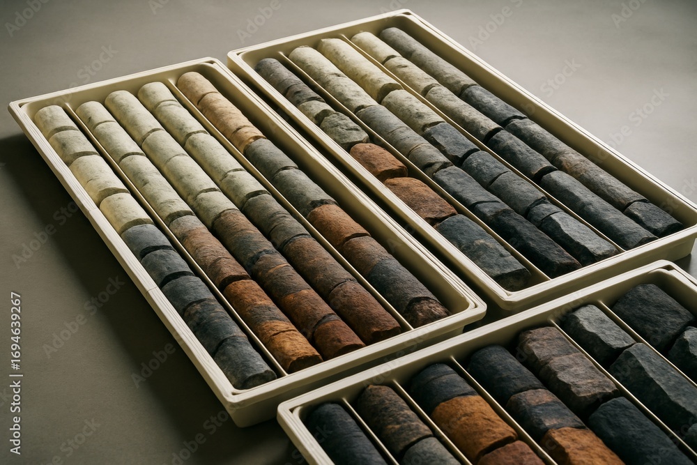 Poster geological core samples neatly arranged in white trays showcasing rock layers of various colors and 