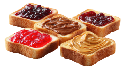 Set of toast bread slices and sandwiches with various jams on transparent background