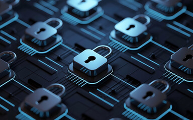 Digital network of glowing padlocks symbolizing data security and cybersecurity.
