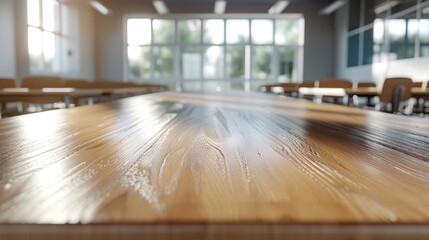 Bright classroom featuring a polished wooden table and empty desks highlighting a learning environment