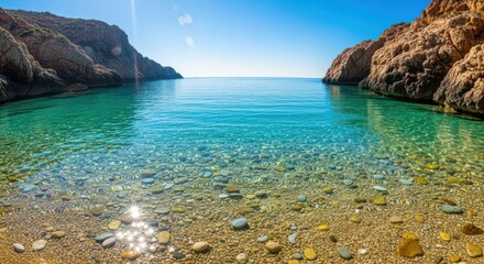 Crystal Clear Turquoise Waters Nestled Between Rocky Cliffs