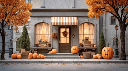 Obraz premium Spooky Seasons Street: Halloween Harvest and Horror TV Channels Displayed in Windows with Ambient Lighting