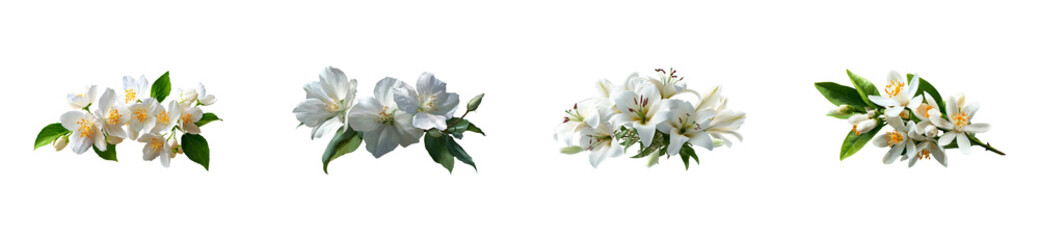 Fototapeta premium Assortment of White Flowers and Green Leaves Isolated on Transparent Background, cut out