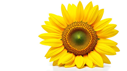 Bright yellow sunflower head with detailed seeds and petals isolated on white background, radiating natural beauty and vibrant energy