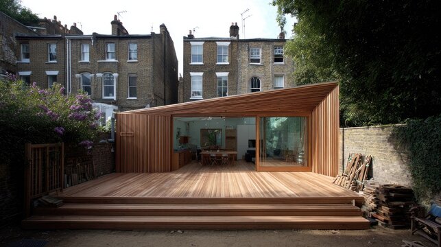 Wooden extension with a terrace in a garden.