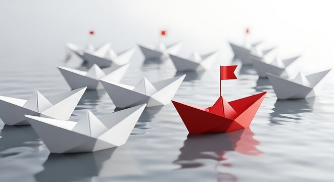 A single red paper boat leads a group of white paper boats on a calm water surface, symbolizing leadership and standing out from the crowd