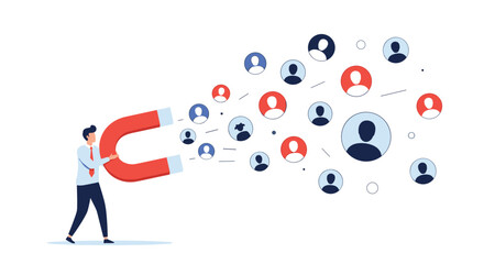 Business professional attracting a diverse group of people with a large horseshoe magnet concept illustration