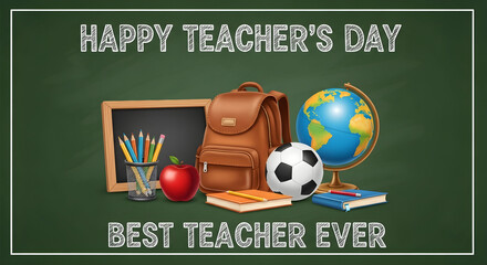 A vibrant classroom setting celebrates Teacher's Day with essential tools and cheerful greetings.
