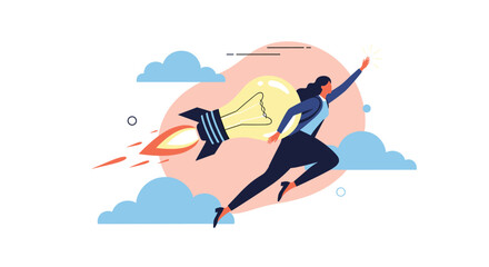 Fototapeta premium Creative businesswoman launches successful idea rocket into the sky symbolizing innovation and growth