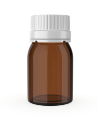 Blank 3D render of a blank medical bottle with a screw cap placed beside a plain rectangular box. The pharmaceutical packaging mockup features a clean, 3d illustration.