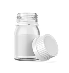 Blank 3D render of a blank medical bottle with a screw cap placed beside a plain rectangular box. The pharmaceutical packaging mockup features a clean, 3d illustration.