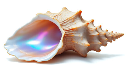 Rare exotic seashell with iridescent interior and textured spiked exterior isolated white background, showcasing natural beauty and oceanic charm