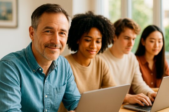 Group of diverse professionals working on laptops in bright modern office, smiling and collaborating on social learning project together. Ai generative