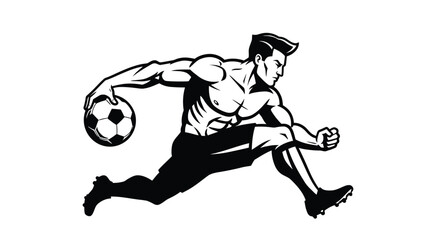 A muscular soccer player dribbles the ball with determination, isolated on white background, showcasing strength and skill in a dynamic black and white design