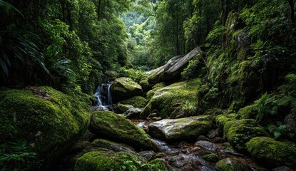 Obraz premium Lush rainforest stream cascading over mossy rocks
