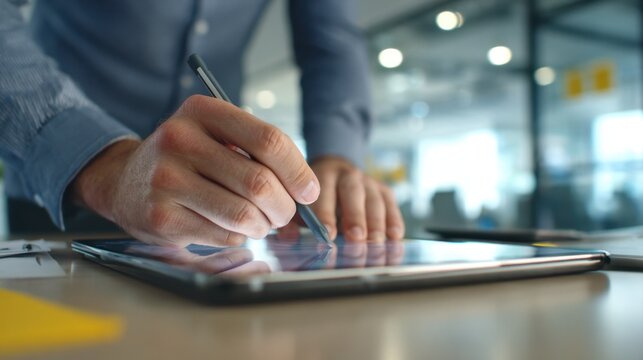 Focused medium shot of hands using stylus on touchscreen reviewing suspicious claim clusters faded office setting behind.