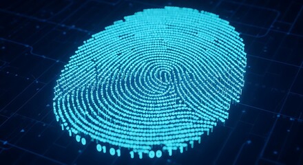 Digital fingerprint security concept with binary code, representing biometric identification and personal data protection in the modern age