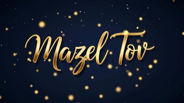 Elegant golden "Mazel Tov" script with falling light particles on dark blue background