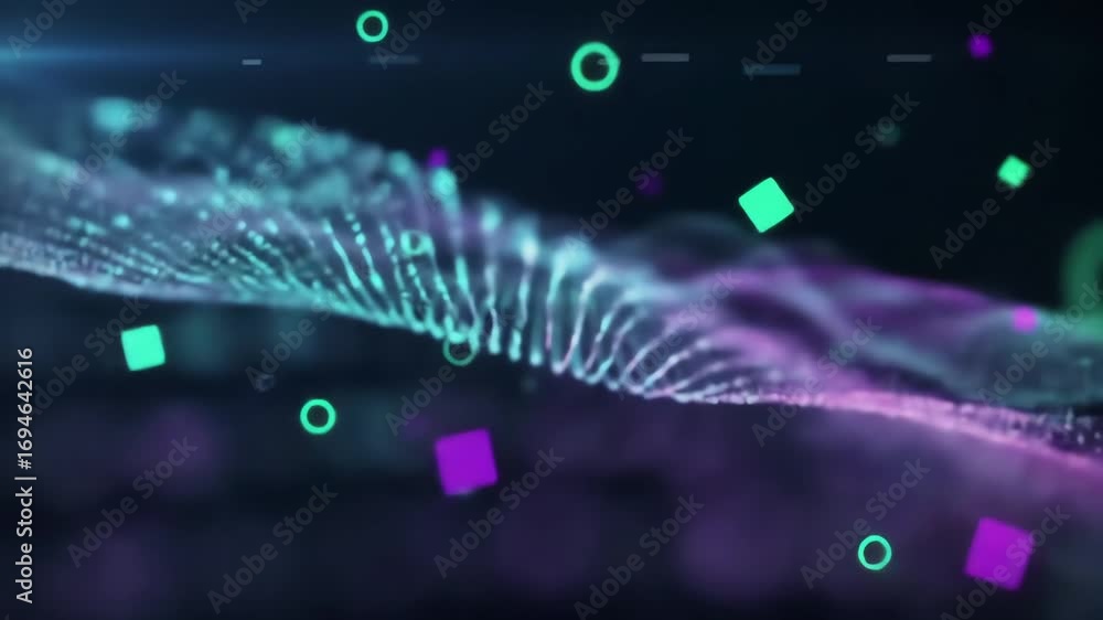 Poster colored illustrative waves with geometric shapes floating on a dark background in a futuristic digit