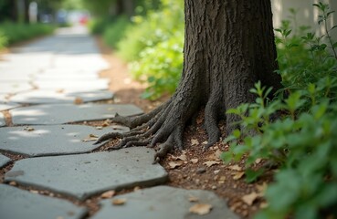 Fototapeta premium Tree roots fracture stone pavement path, causing sidewalk damage and urban infrastructure problems. Overgrown roots push through cement, disrupting street surface. Nature power impacting city.