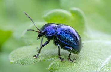 Iridescent Blue Beetle on Green Leaf - Macro Nature Photography with Shallow Depth of Field