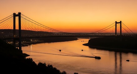 Obraz premium Sunset Bridge River Boats Silhouette.