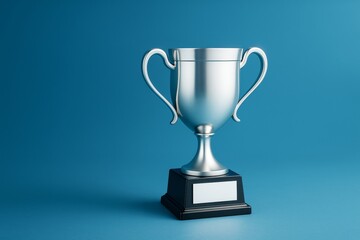 Fototapeta premium Silver trophy cup on pedestal with blank label placed on blue background with copyspace for promotion, branding or sport achievement concept.